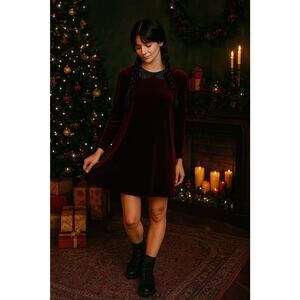 Betsey Johnson Collared Velvet Mini Dress - 2 Burgundy, Whimsigoth Holiday Twee